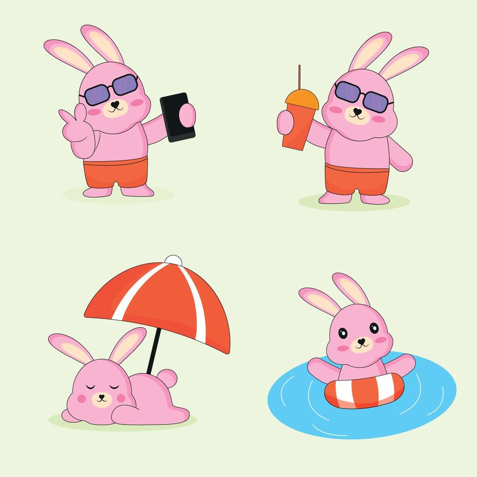 un conjunto de conejo liebre. liebre en la playa. liebre en verano. conejo tomando selfies. conejito nadando vector