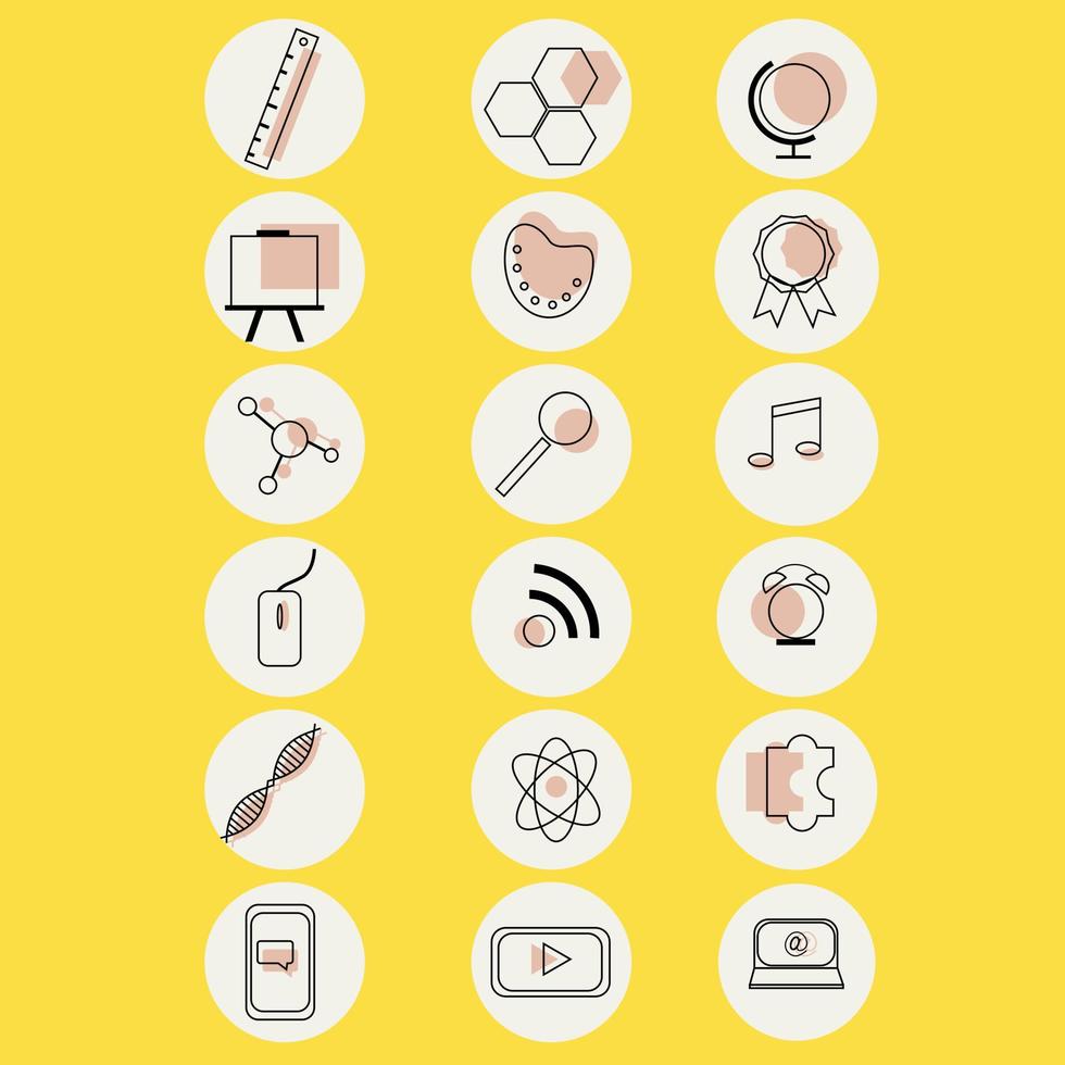 Online education. Icon set. Icons for an application or a website. Wi-Fi, laptop, laptop, tablet. Medal and globe. Icons on a yellow background. vector
