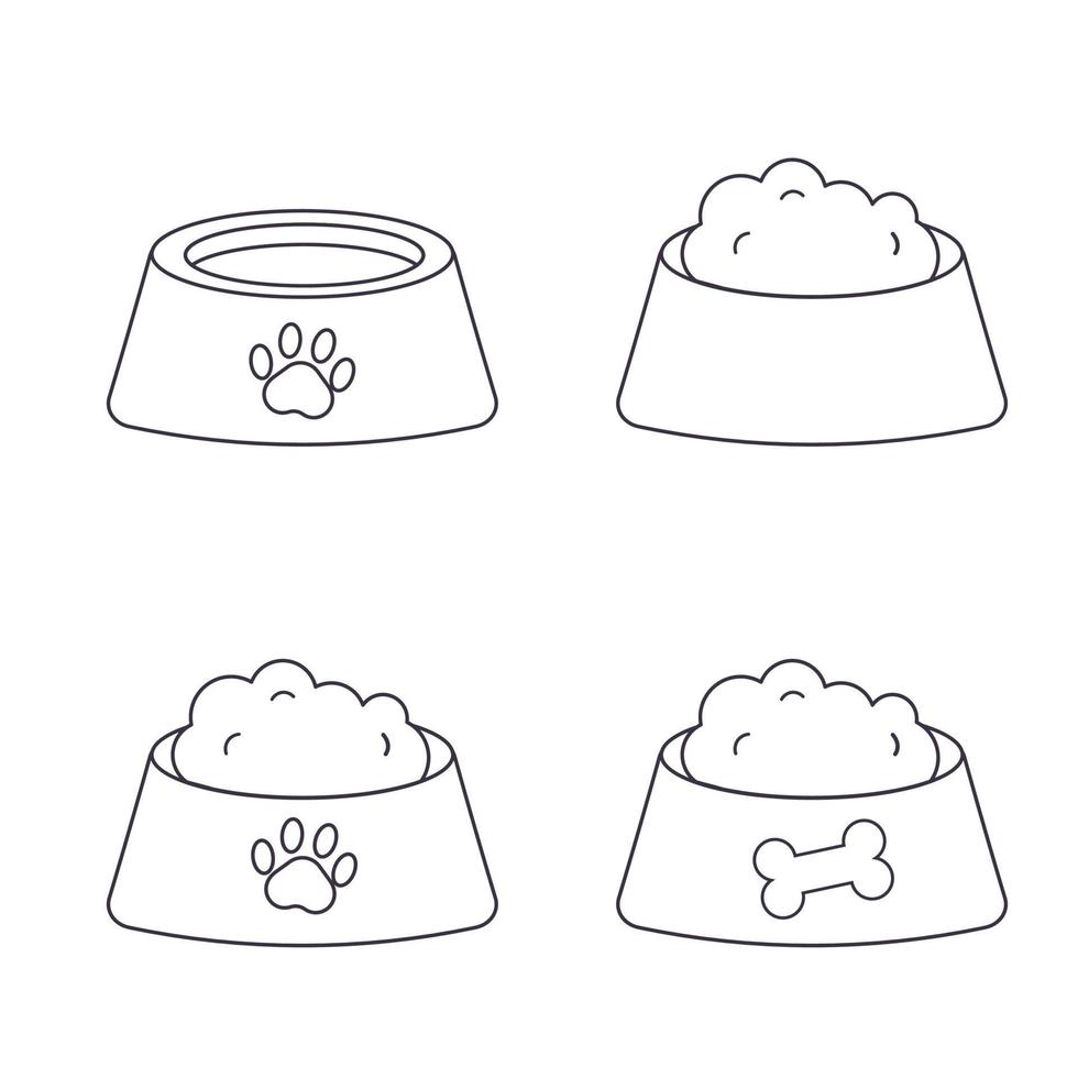 Set of pet food in a bowl in a line style. Vector illustration on white background