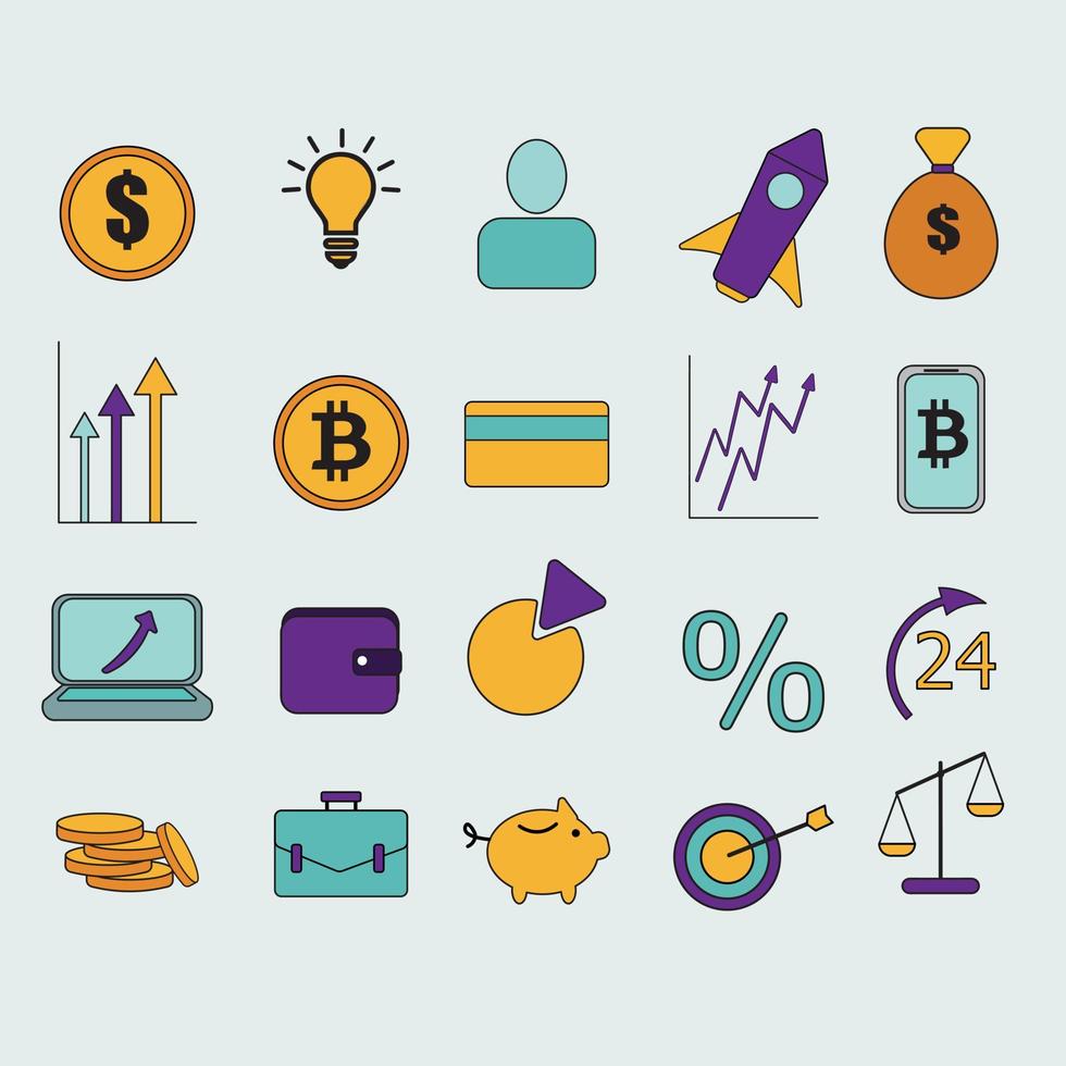 Finance, Business, Banking, Management, Economics icons yellow, purple, blue. vector
