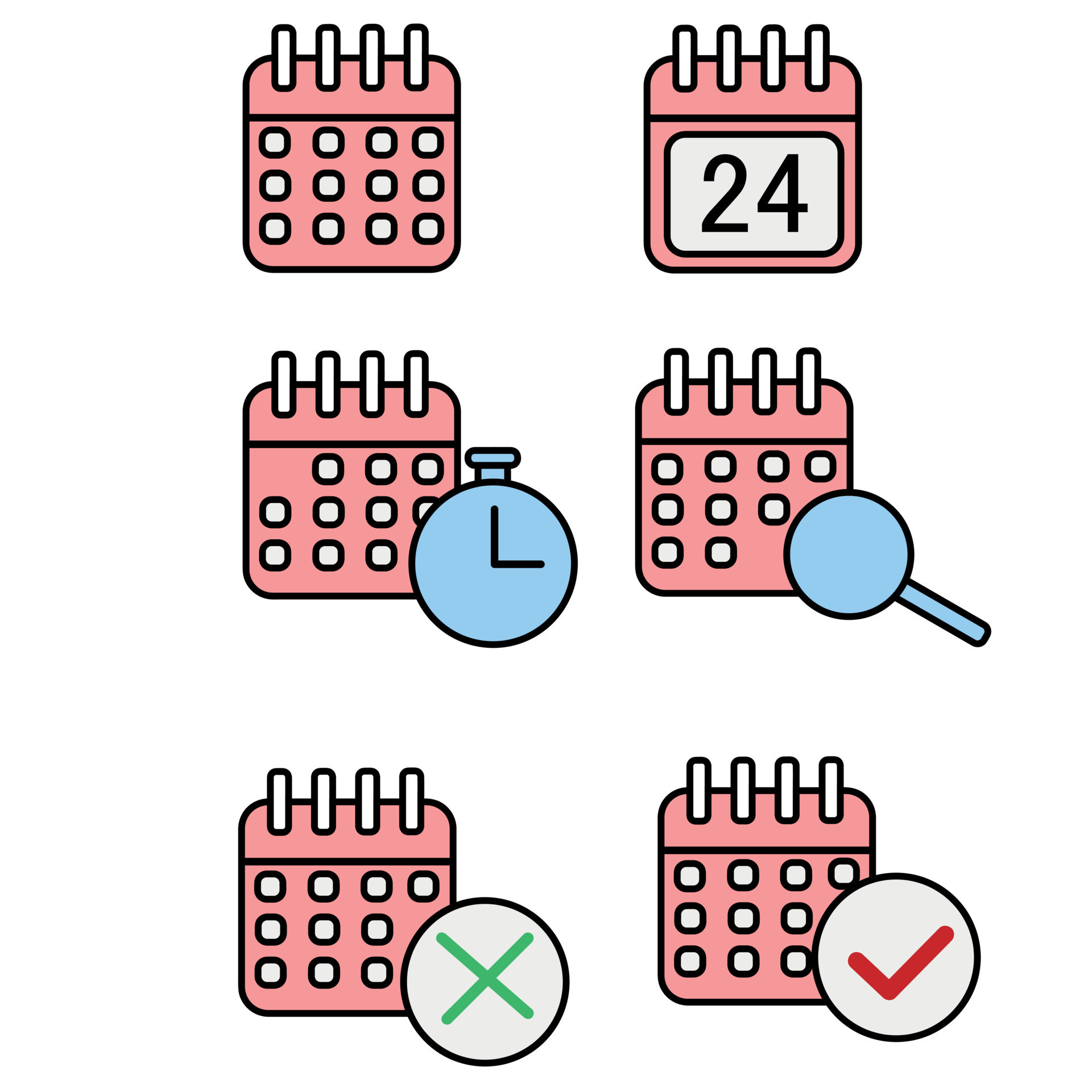 A set of colored calendar icons. Red calendar. Time, date, search