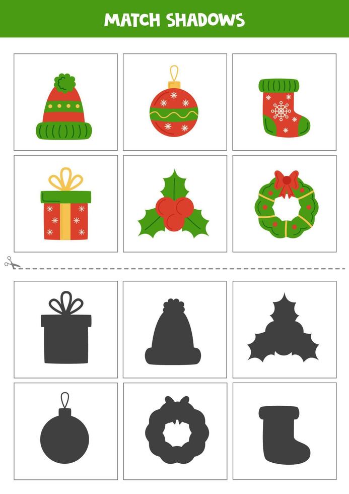 encuentra sombras de elementos navideños. tarjetas para niños. vector