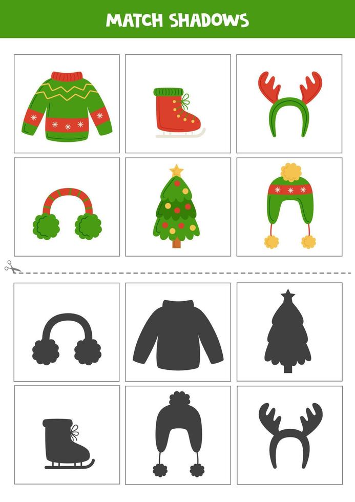 Find shadows of Christmas accessories. Cards for kids. vector