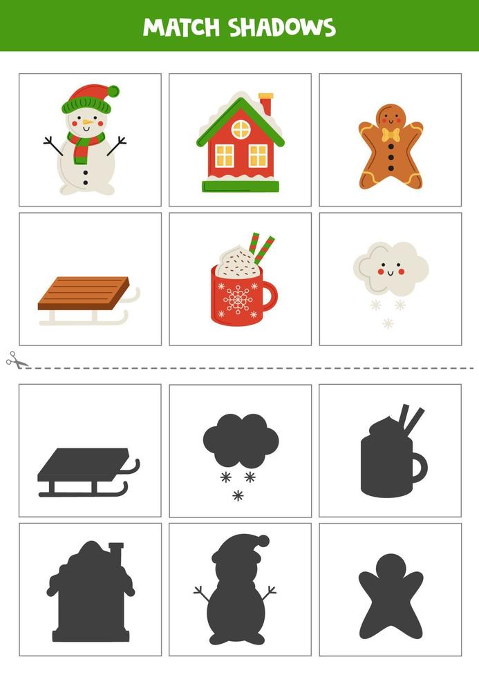 Find shadows of Christmas elements. Cards for kids. vector