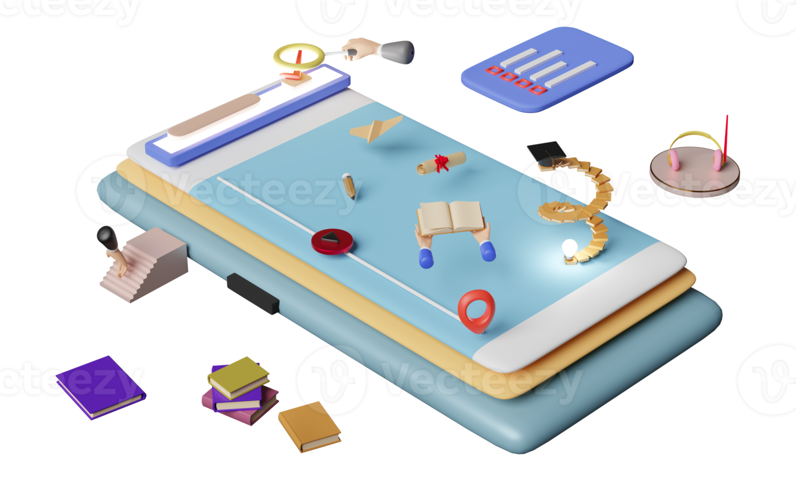 mobile phone or smartphone with book spiral staircase and graduation hat, pin, hand holding book, achieve goals and success concept, 3d illustration or 3d rendering png