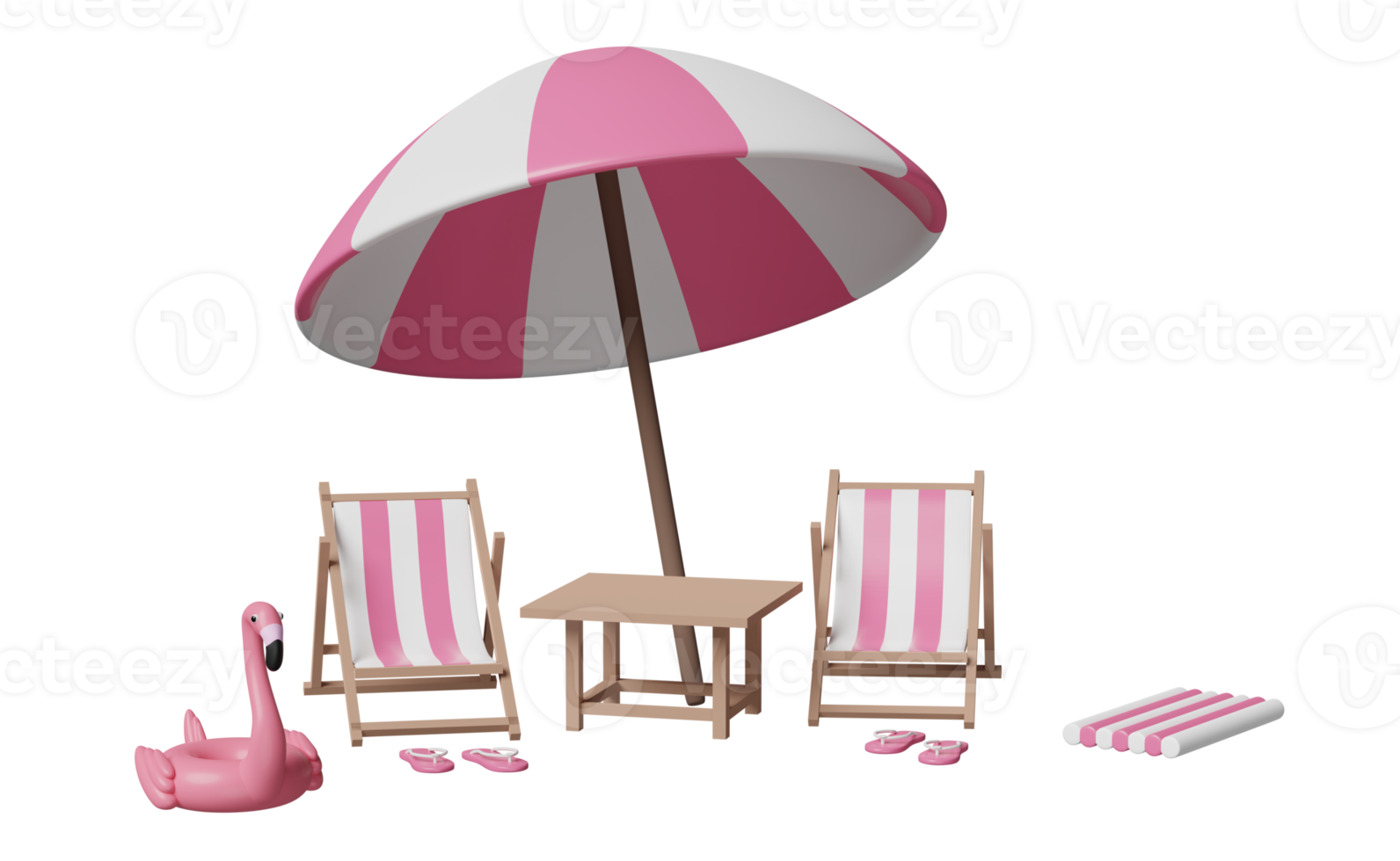 chaise de plage pour la mer d'été avec parasol, flamant gonflable, sandales, radeau en caoutchouc isolé. concept de voyage d'été, illustration 3d ou rendu 3d png