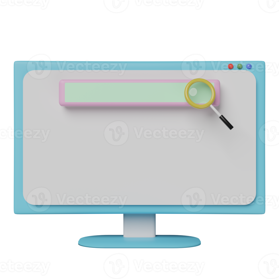 monitor de computador com barra de pesquisa em branco, lupa isolada. mecanismo de pesquisa mínimo na web ou conceito de navegação na web, ilustração 3d ou renderização 3d png