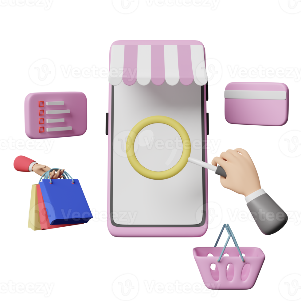 mobile phone or smartphone with store front, businessman hand holding magnifying glass, paper bags, shopping basket, online shopping or search data concept, 3d illustration or 3d render png