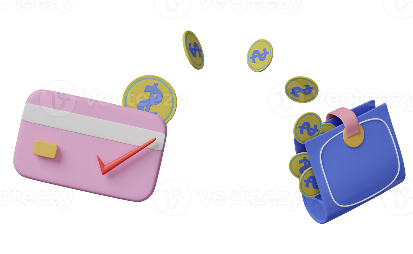 wallet and credit card with coins saving money concept isolated. 3d illustration or 3d render png