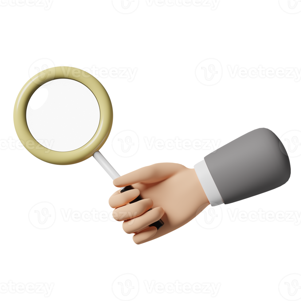 businessman hand holding yellow magnifying glass isolated. 3d illustration or 3d render png