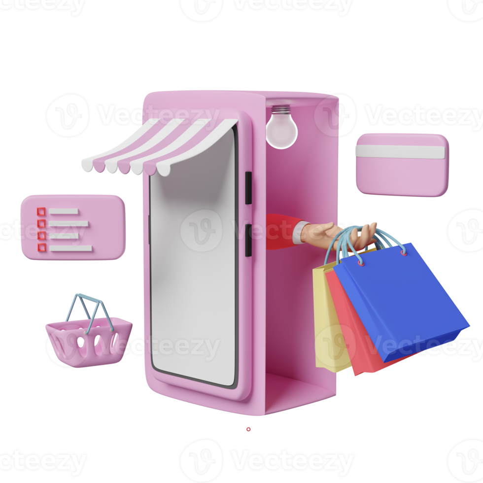 téléphone portable ou smartphone avec devanture de magasin, main tenant des sacs en papier colorés, panier, carte de crédit, entreprise de franchise ou concept de magasinage en ligne, illustration 3d, rendu 3d png