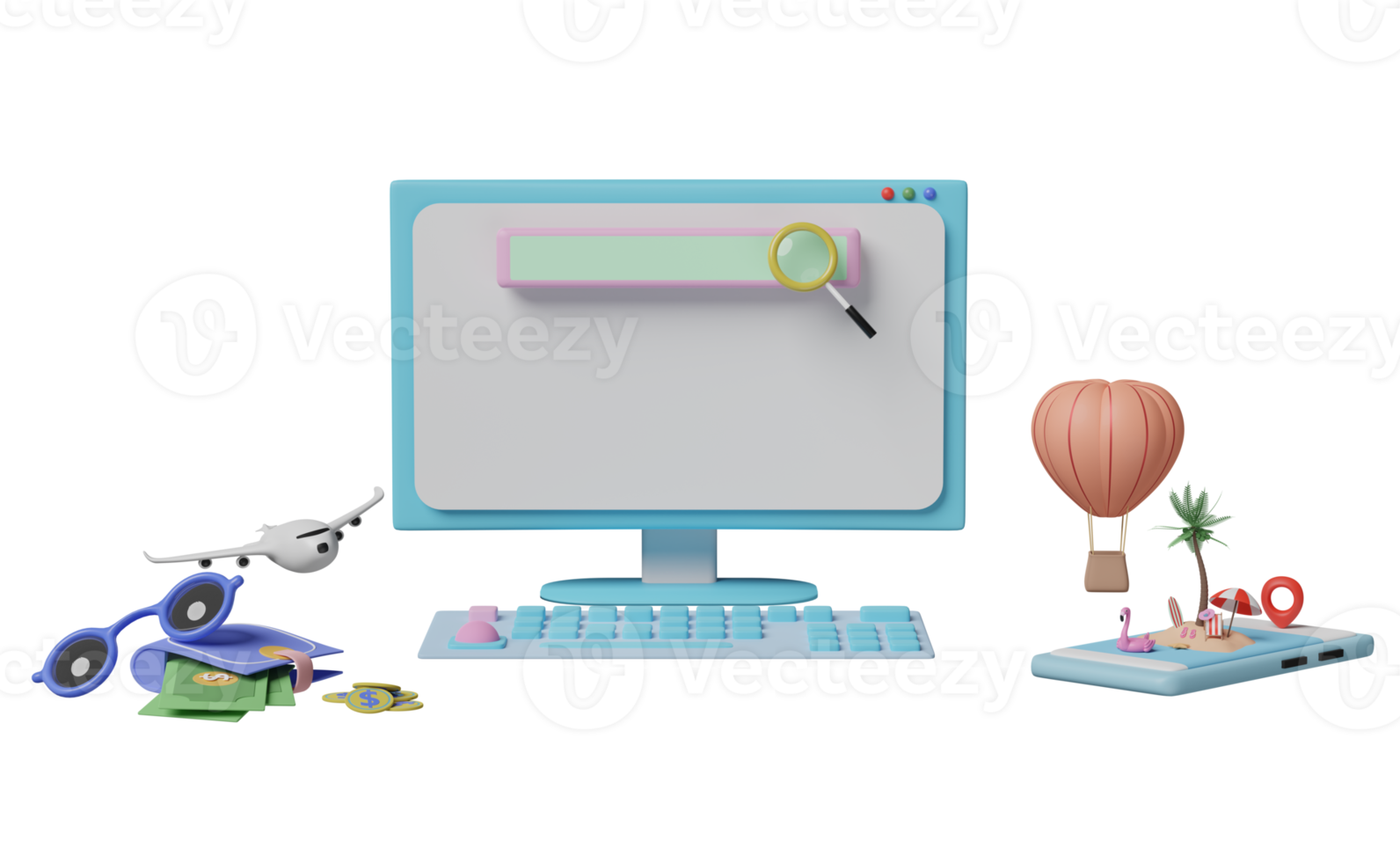 computer monitor with blank search bar, magnifying glass,palms, beach chair, inflatable flamingo, plane isolated. web search engine summer travel vacation concept, 3d render png