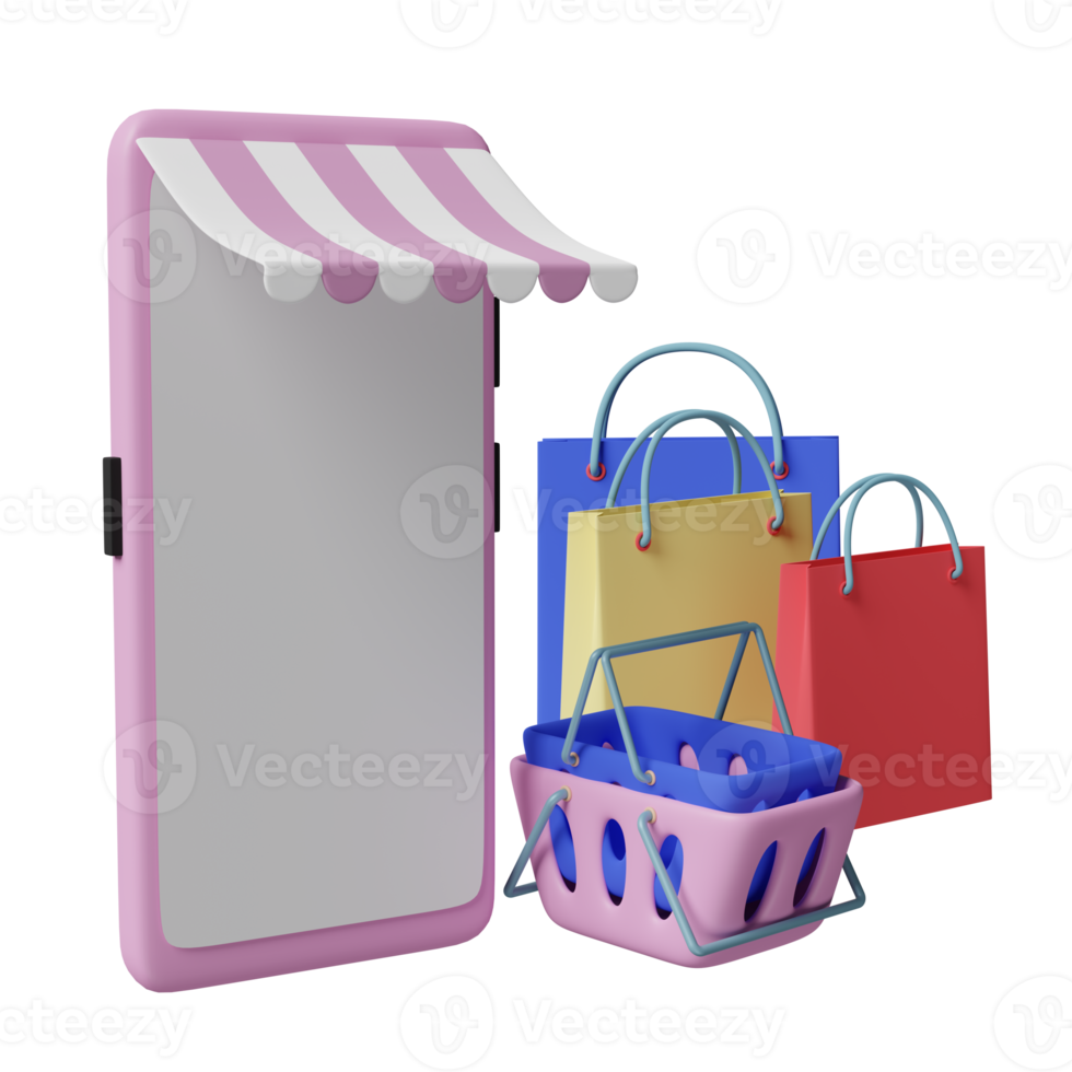 mobile phone or smartphone with store front, colorful shopping paper bags, shopping basket isolated. franchise business or online shopping concept, 3d illustration or 3d render png