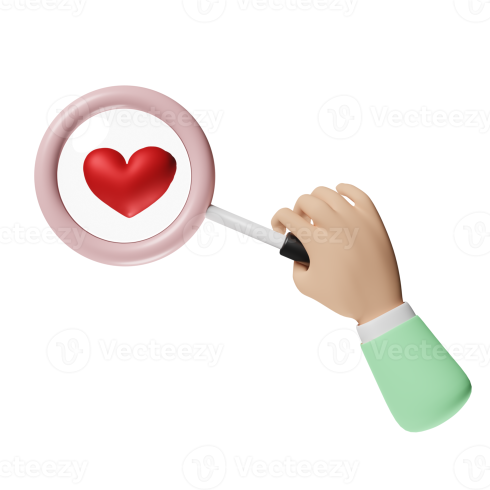 hand holding magnifying glass with red heart isolated. health love or world heart day concept, 3d illustration or 3d render png