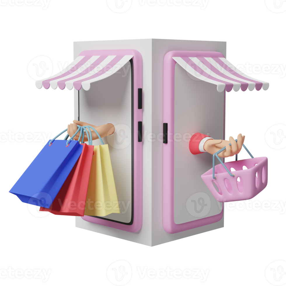 mobile phone or smartphone with store front, hand holding colorful shopping paper bags, shopping basket, credit card, franchise business or online shopping concept, 3d illustration or 3d render png