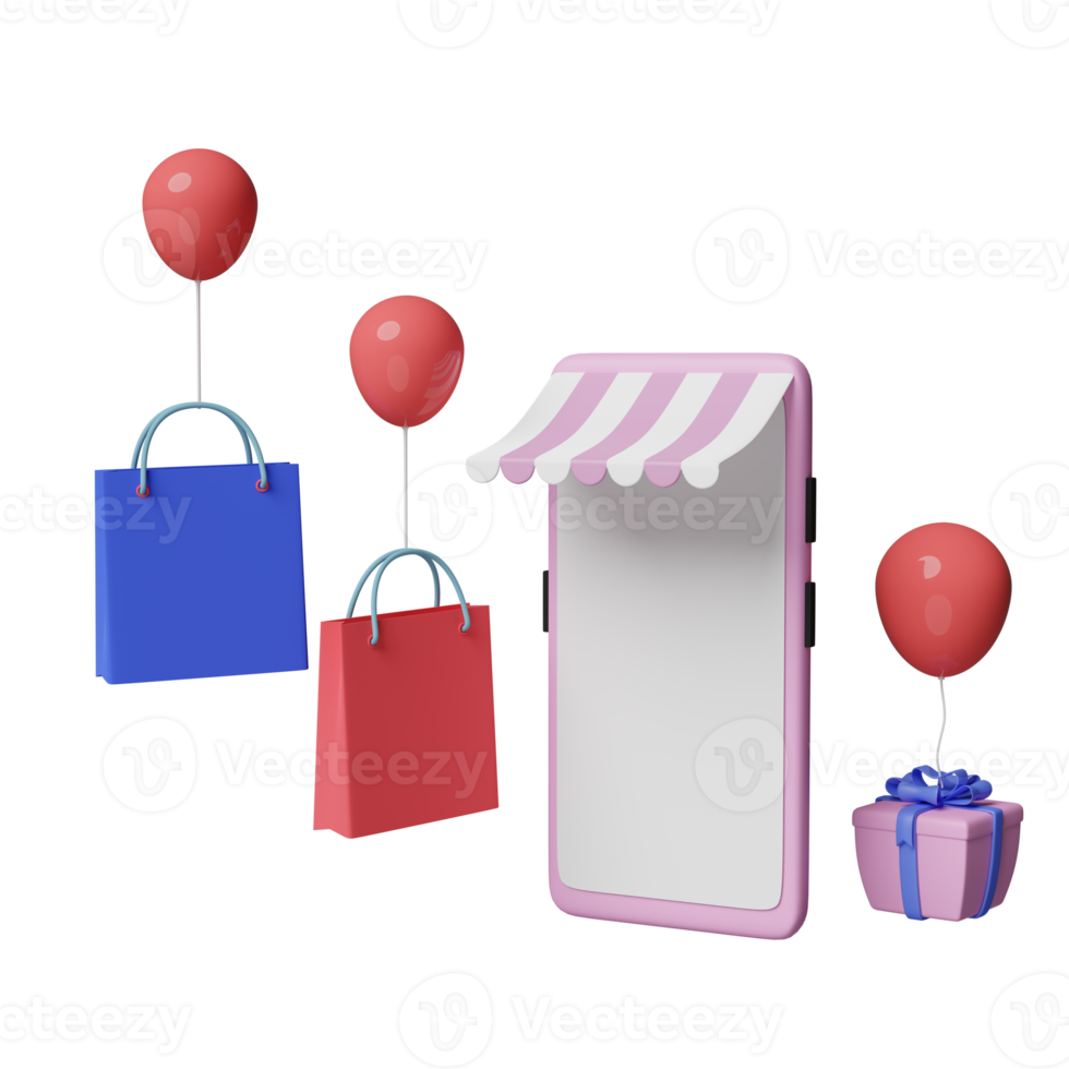 mobile phone or smartphone with store front, shopping paper bags, balloon, gift box isolated. franchise business or online shopping concept, 3d illustration or 3d render png