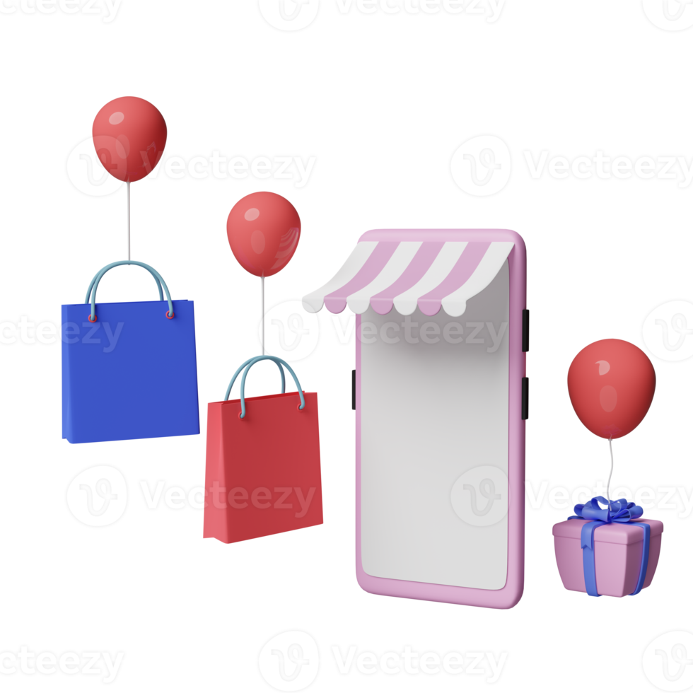 téléphone portable ou smartphone avec devanture de magasin, sacs en papier shopping, ballon, coffret cadeau isolé. entreprise de franchise ou concept d'achat en ligne, illustration 3d ou rendu 3d png