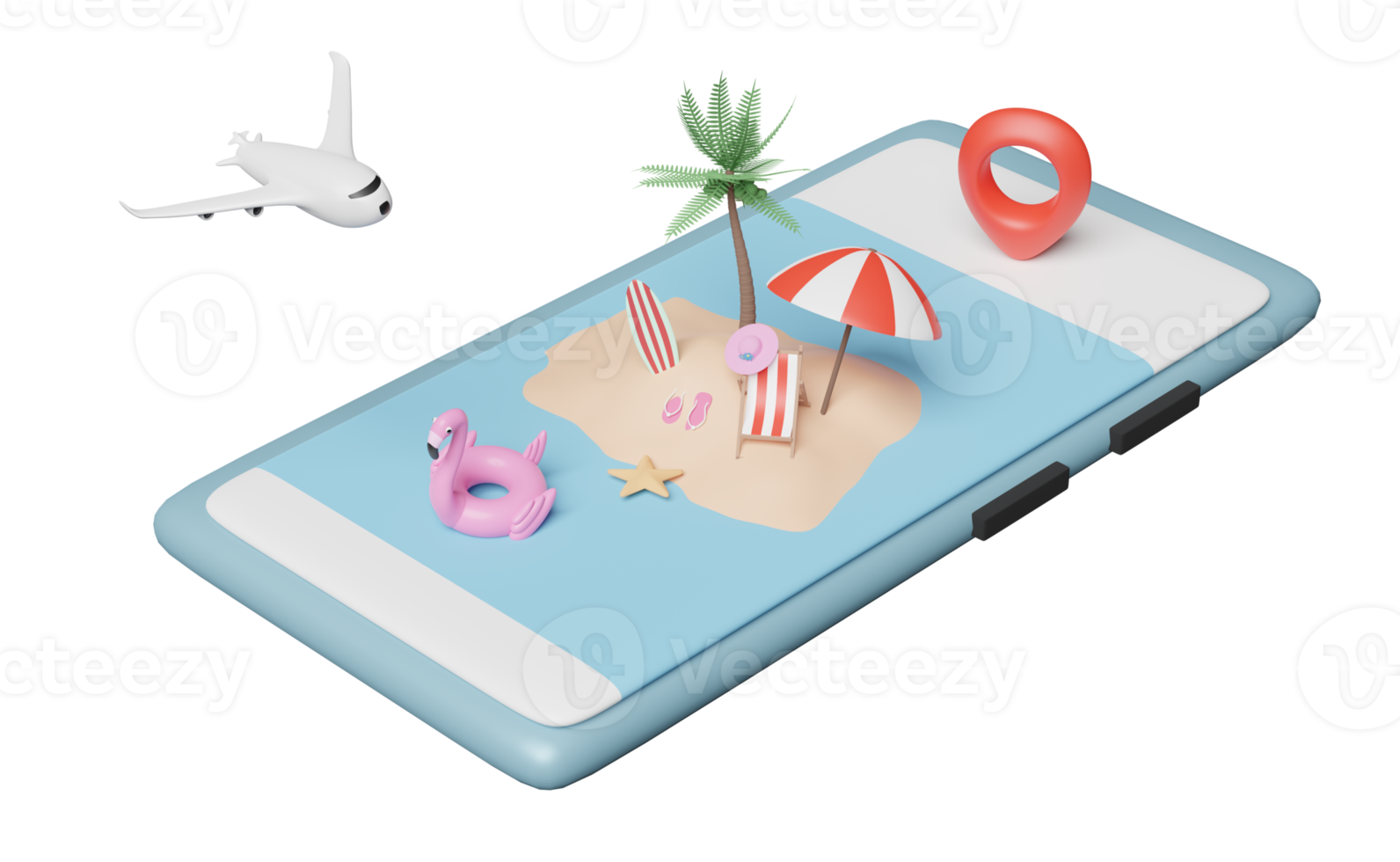 teléfono móvil o teléfono inteligente con palmas, silla de playa, flamenco inflable, alfiler, paraguas, sandalias, avión aislado. concepto de vacaciones de viajes de verano, ilustración 3d o presentación 3d png