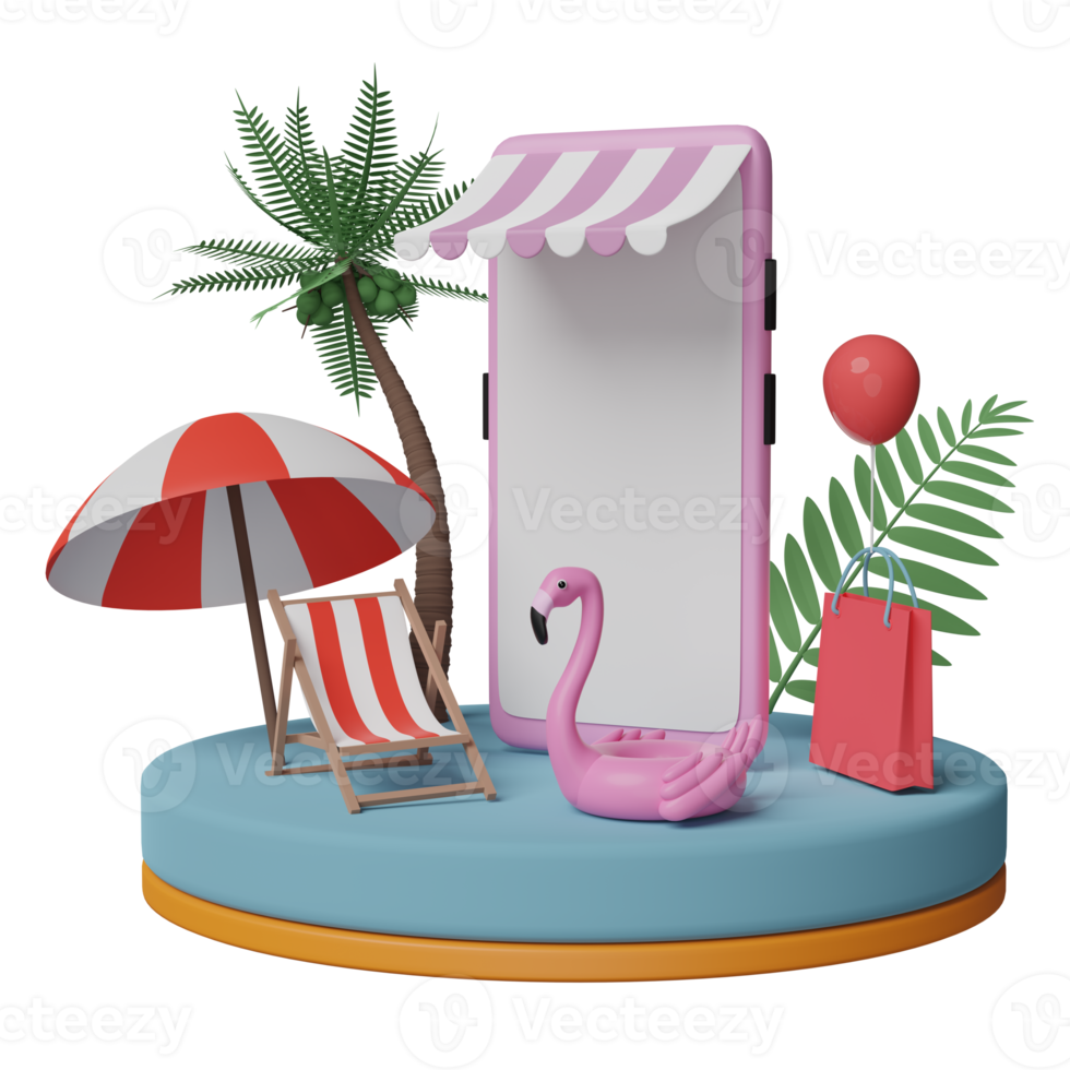 podium de scène cylindrique avec façade de magasin de téléphone portable ou de smartphone, chaise de plage, flamant rose gonflable, feuille de palmier, sacs en papier commercial, concept de vente d'été en ligne, illustration 3d ou rendu 3d png