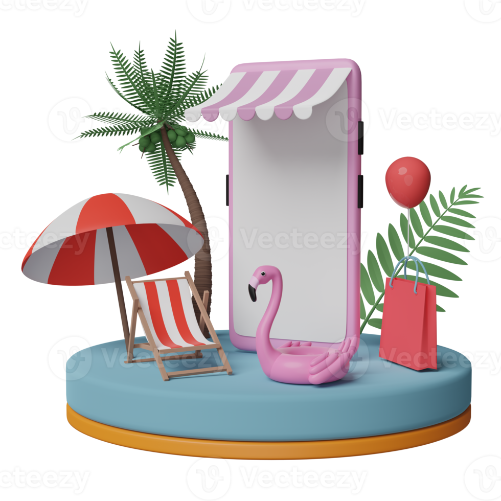 pódio de palco de cilindro com frente de loja de celular ou smartphone, cadeira de praia, flamingo inflável, folha de palmeira, sacos de papel de compras, conceito de venda de verão de compras on-line, ilustração 3d ou renderização 3d png