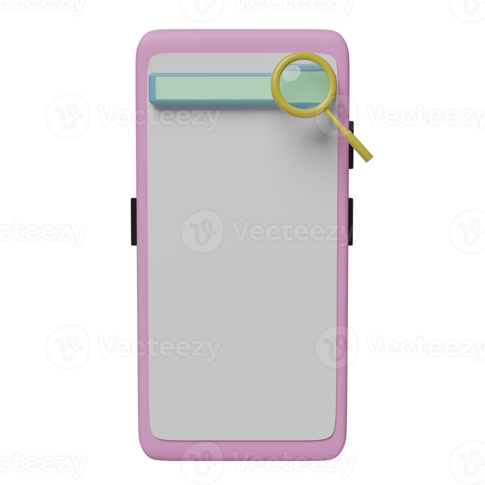 mobile phone or smartphone with blank search bar, magnifying glass isolated. minimal web search engine or web browsing concept, 3d illustration or 3d render png