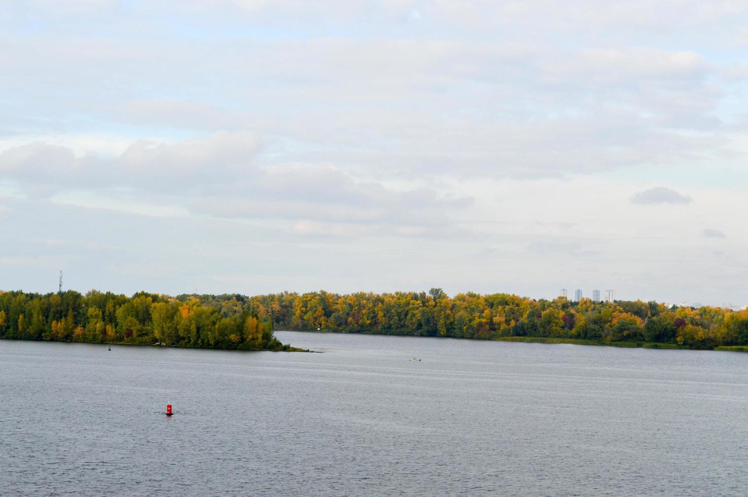 A lonely red buoy floats against the background of trees on the shore. Landscape. photo