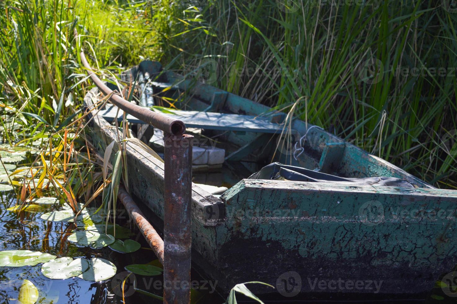 viejo barco roto de madera en mal estado para nadar a orillas del río, lago, mar en la hierba y juncos en la naturaleza foto