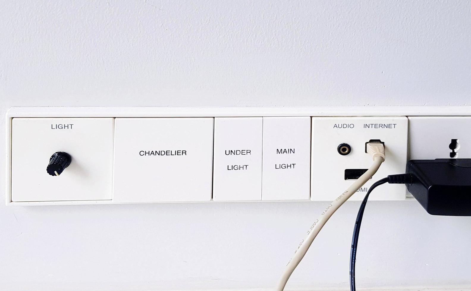 cierre el panel de interruptores con interruptor de luz, conexión a Internet, audio, hdmi y enchufe de salida de CA instalado en una pared blanca con espacio para copiar. dispositivo de control y concepto de tecnología. foto