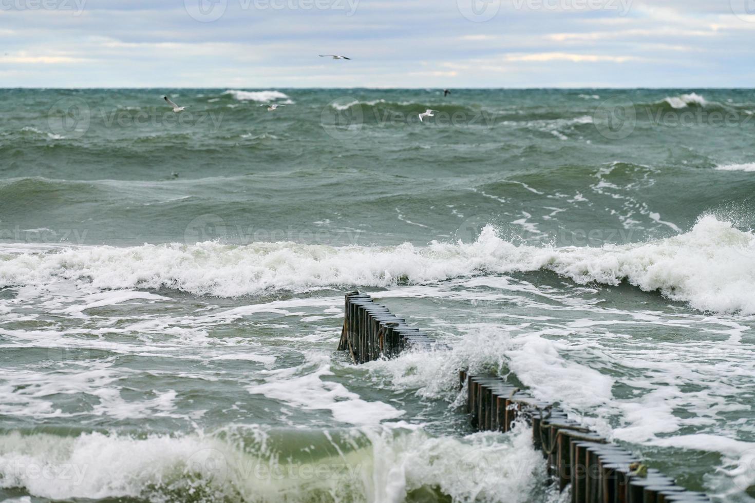 View of blue sea with foaming waves and wooden breakwaters photo