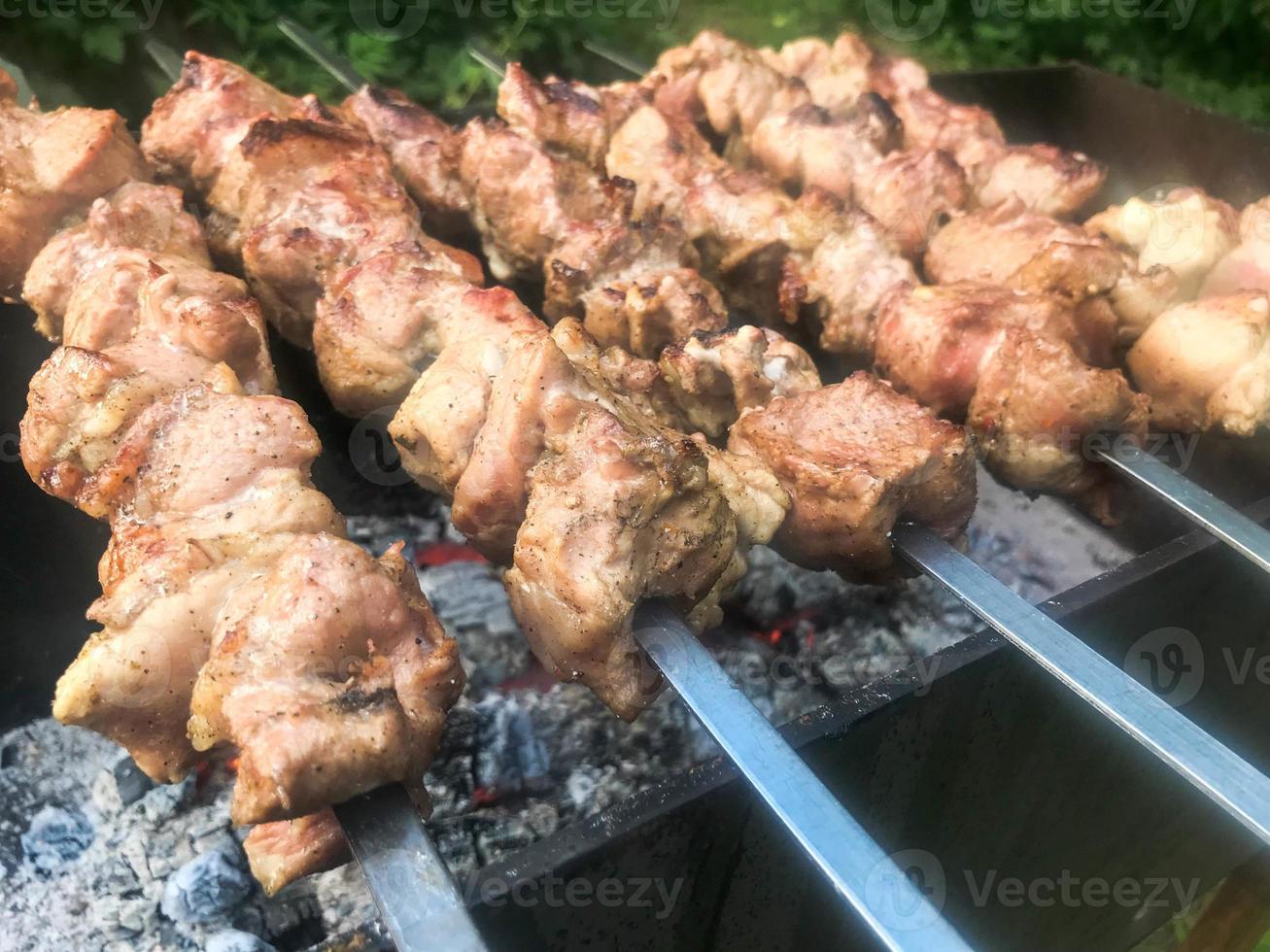 Beautiful tasty, appetizing meat, grilled kebabs on coals and natural smoke on the grill with roasted smoked crust on skewers. Concept camping, picnic, barbecue, grill photo