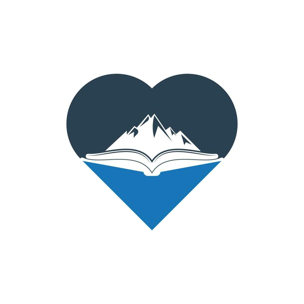 diseño de logotipo vectorial de concepto de forma de corazón de libro de montaña. símbolo o icono de la naturaleza y la librería vector