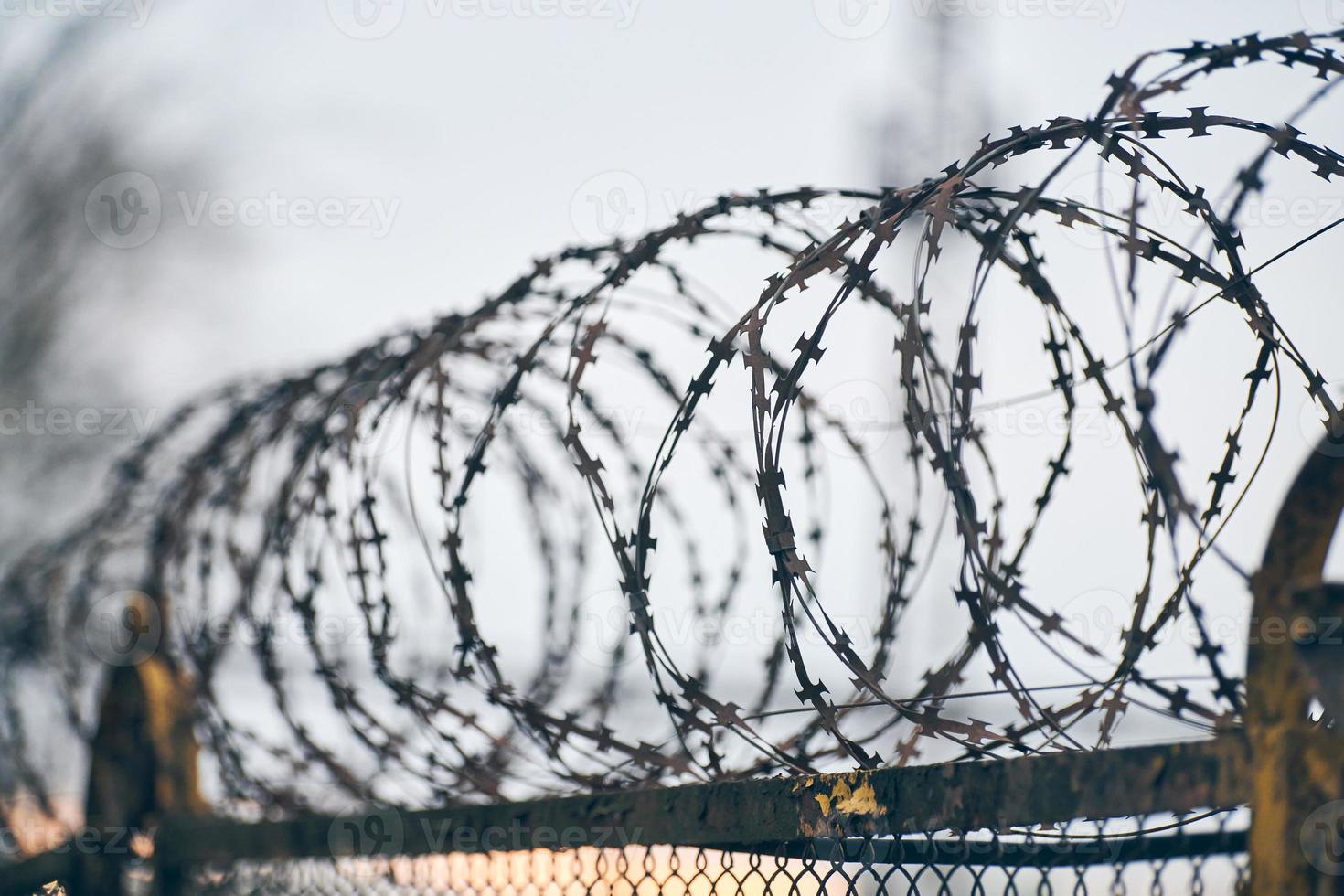 Barbed wire on fence of restricted area photo