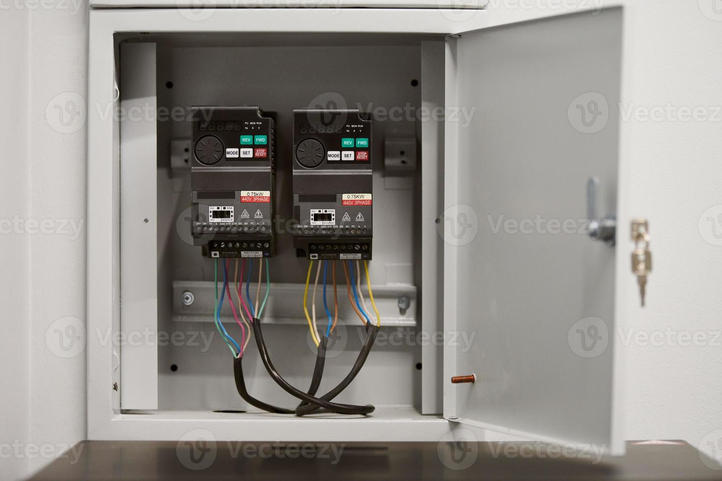Ventilation control switch in office. Automatically operated electrical switch in fuse box. Ventilation speed control. Fresh air supply to room photo