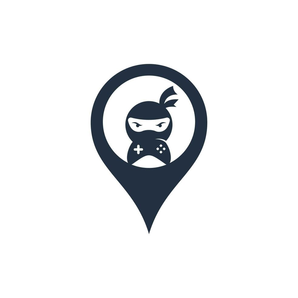 Diseño de logotipo de concepto de forma de pin de mapa de juego ninja. Vectores de stock de imágenes de logotipos de juegos ninja. icono de diseño de logotipo de game-pad ninja