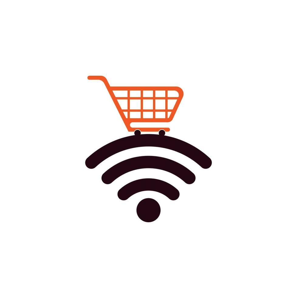 diseño de logotipo wifi y carro. plantilla de diseños de logotipo de tienda en línea. concepto de diseño de logotipo de combinación de icono de carrito de compras y wifi vector