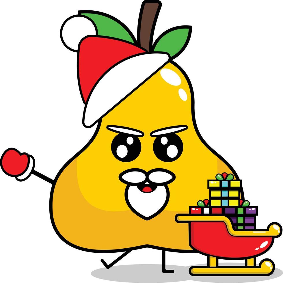 lindo vector de mascota de fruta de pera de navidad con tren de regalo de saint clouse