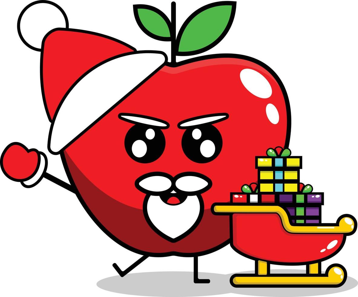 lindo vector de mascota de fruta de manzana de navidad con tren de regalo de saint clouse