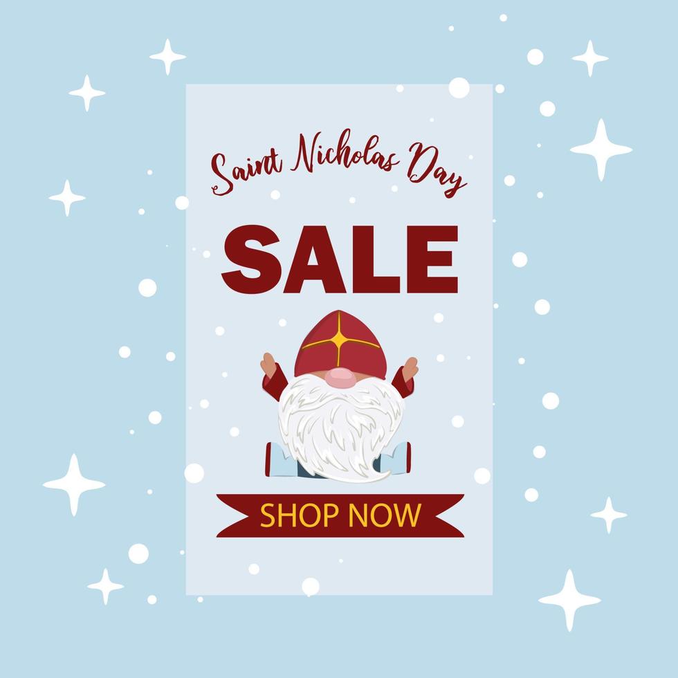 Saint Nicholas Day holiday sale poster. Funny dwarf Nicholas vector