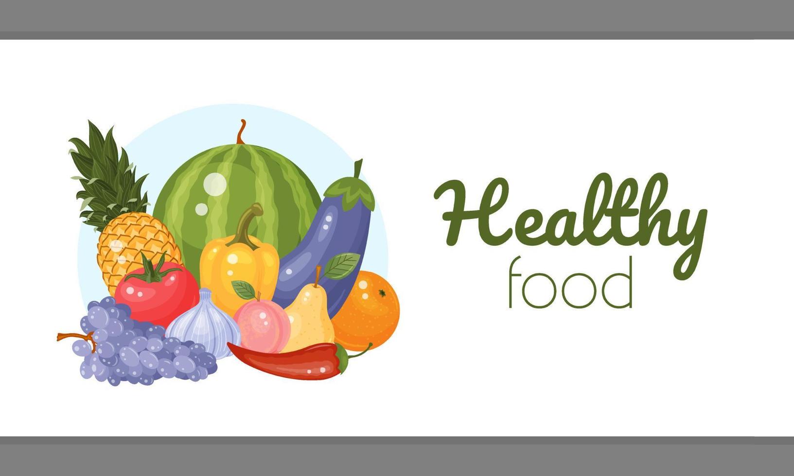 tarjeta con coloridas frutas y verduras sabrosas. ilustración vectorial volante horizontal, pancarta. diseño para redes sociales, parte superior del sitio web. comida sana. vector