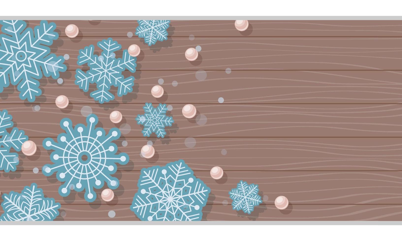 tarjeta de invierno con copos de nieve sobre fondo de madera. ilustración vectorial volante horizontal, pancarta. diseño para redes sociales, parte superior del sitio web. vector
