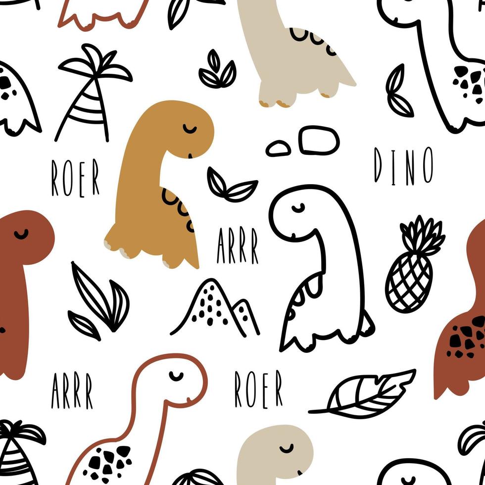 Cute dinosaurs on a white background in Scandinavian style, seamless vector pattern