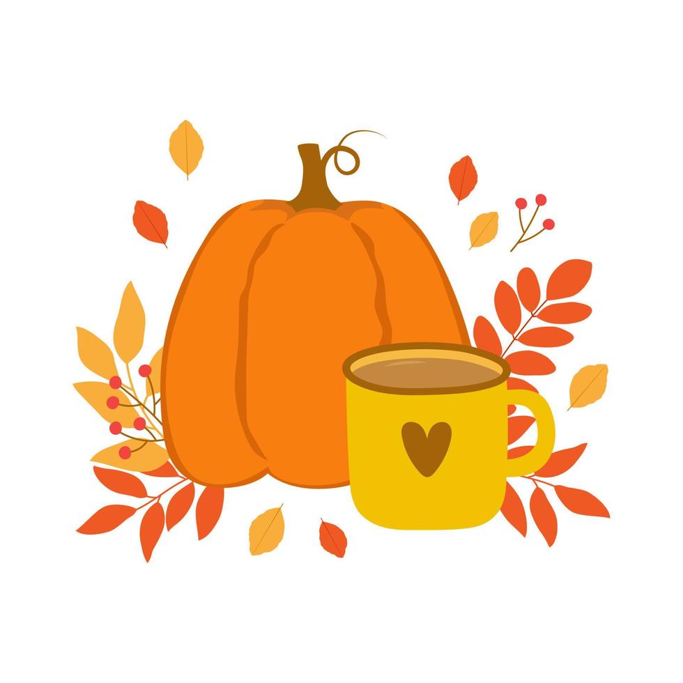 Cup of tea, autumn leaves, berries and pumpkin. Template for cozy autumn design. vector