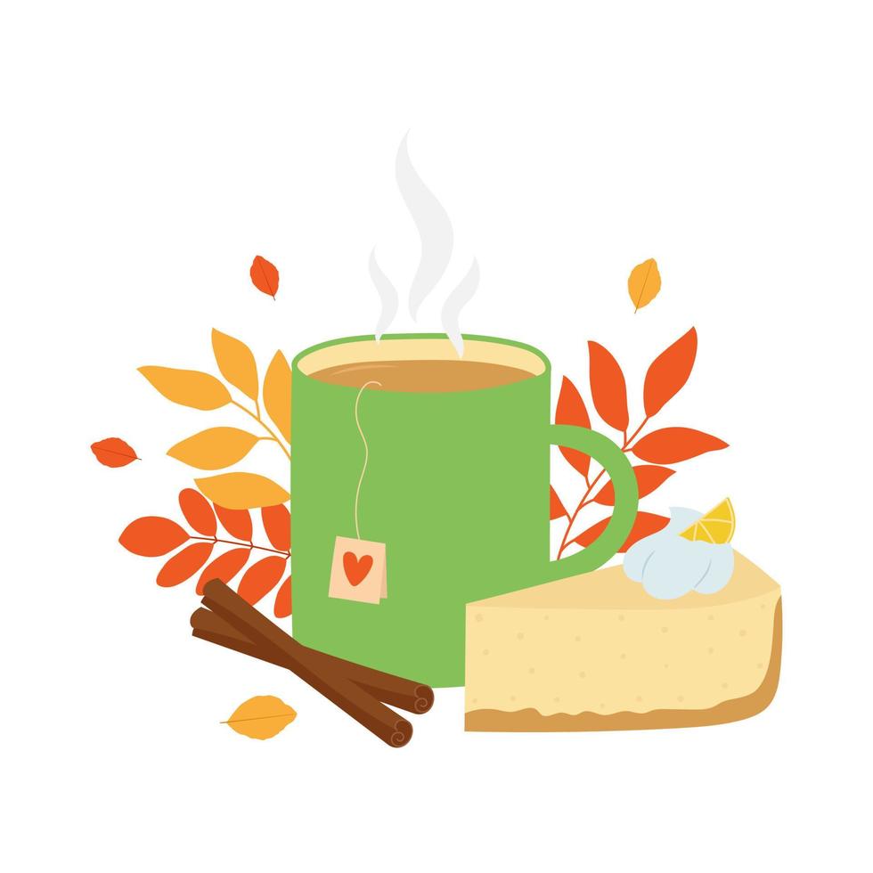 Cup of tea, cheesecake, cinnamon sticks and autumn leaves. Template for cozy autumn design. vector