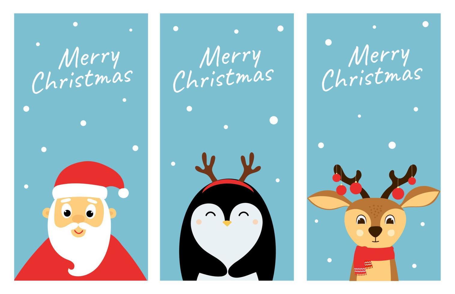 conjunto de pancartas navideñas con lindos personajes de dibujos animados de santa claus, pingüinos y ciervos. plantilla para invitación, afiche, pancarta. vector