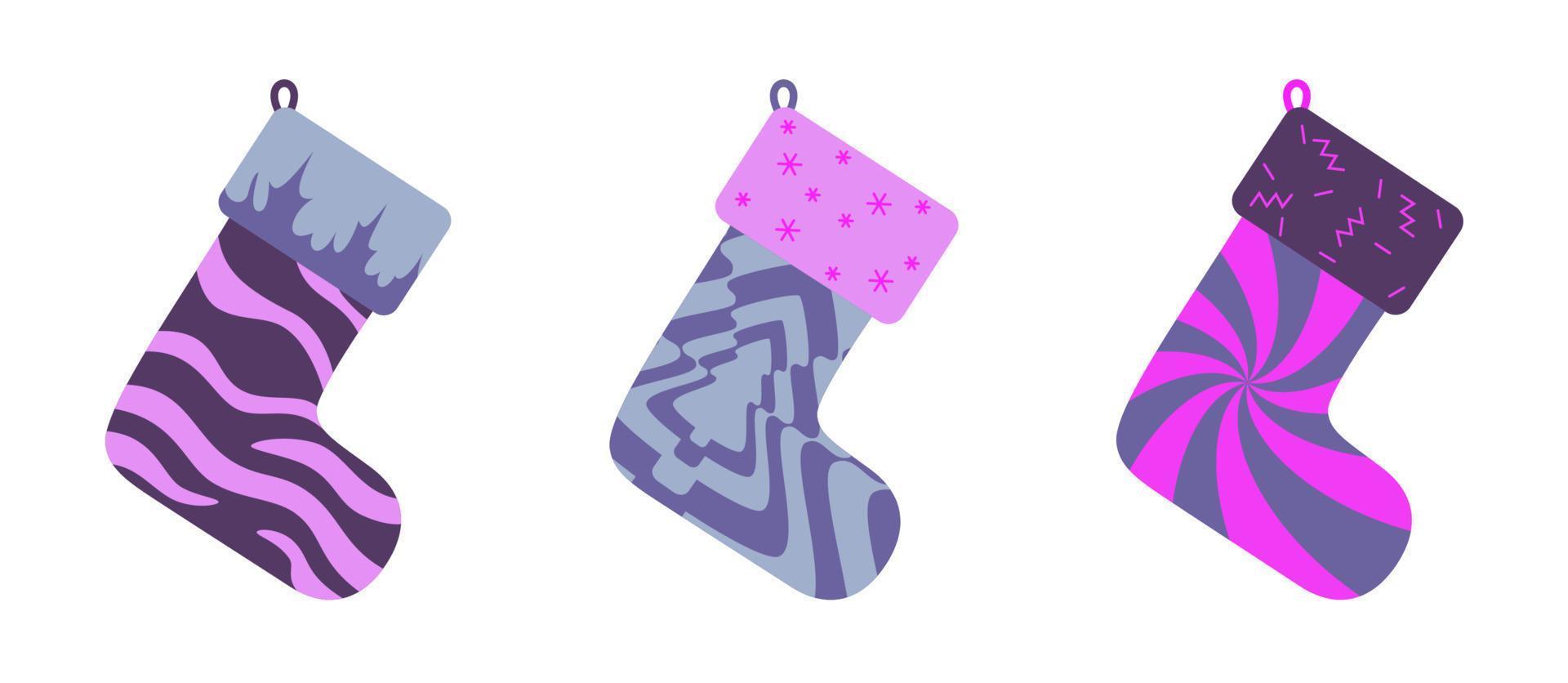 Set of christmas stockings isolated on white background. Decorative bright socks with groovy fur. Simple design for web or print. Trendy y2k retro hippie hypnotic print. Vector illustration. Xmas icon