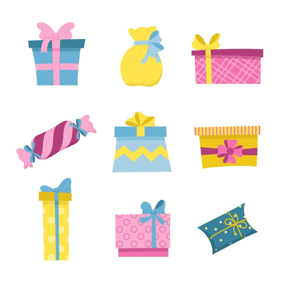 Set of gift boxes with ribbon. Collection of boxes in wrapping paper different shapes and sizes. Celebrating holidays, giving presents at event. Flat design. Vector isolated on white background