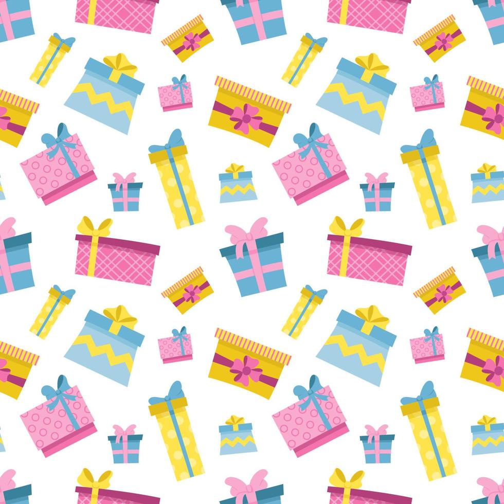 Seamless pattern of colorful gift boxes for Christmas, birthday, Easter, New Year, anniversary, party. Childish background for fabric, wrapping paper, textile, print, wallpaper. Flat design. Vector