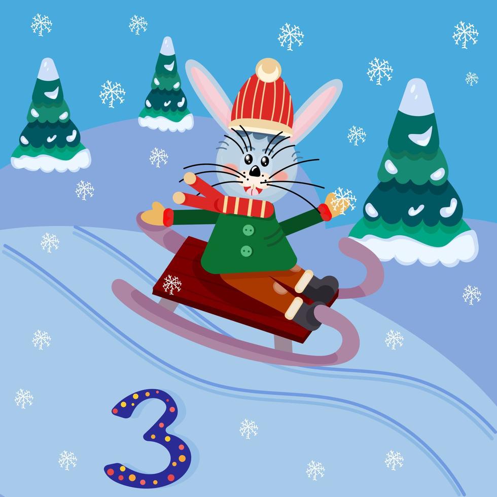 Third day of the New Year's advent calendar. A cute bunny is sledding. Vector cartoon illustration.