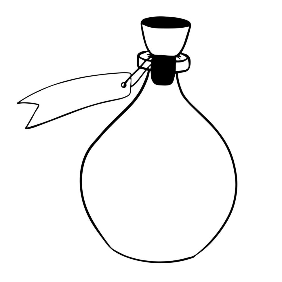contour of the bottle with a cork and label. Transparent glass bottle for filling. Empty container, no plastic, for reuse and recycling. vector