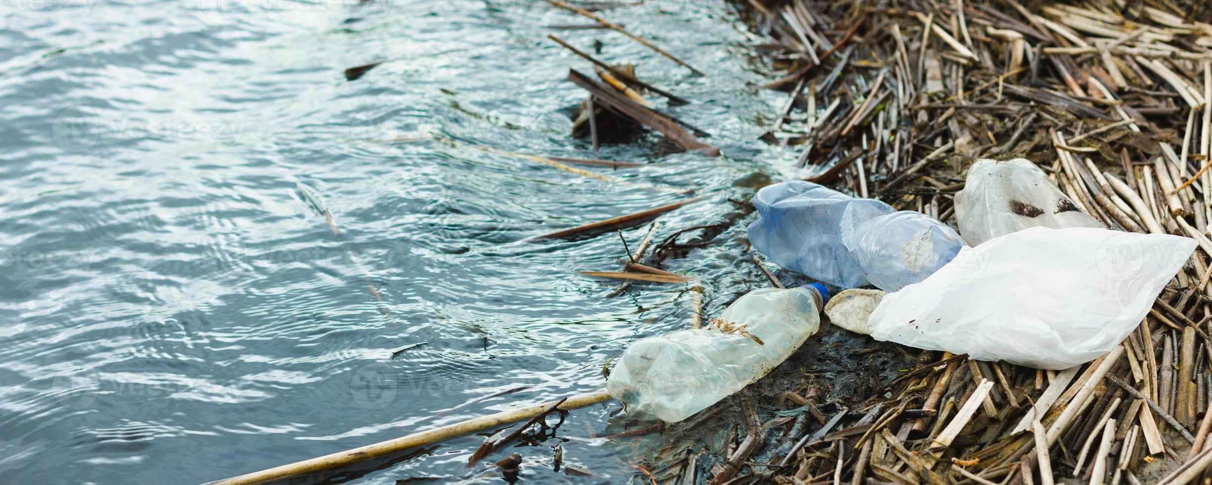 ocean rubbish banner. Polluted coastline, with place for an inscription. photo
